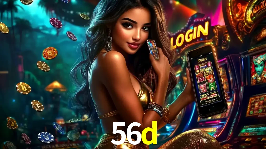 Mulher em um cenário de cassino temático de aventura, mostrando o app de caça-níqueis da 56d no celular. Fichas de apostas flutuam ao redor.